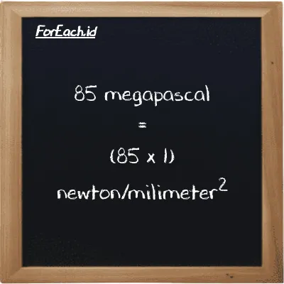 How to convert megapascal to newton/milimeter<sup>2</sup>: 85 megapascal (MPa) is equivalent to 85 times 1 newton/milimeter<sup>2</sup> (N/mm<sup>2</sup>)